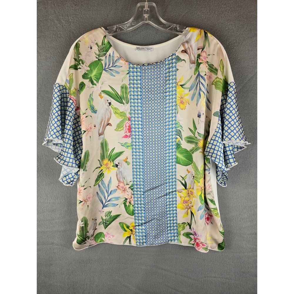 Zara Blouse Womens M Multicolor Tropical Cockatoo Ruffle Sleeve Mixed Print Boho